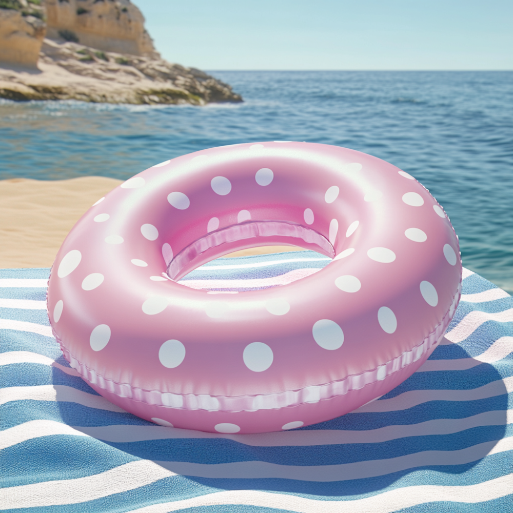 Pink Polka Dot Inflatable Swim Ring – Stylish & Fun for Beach Days & Pool Parties